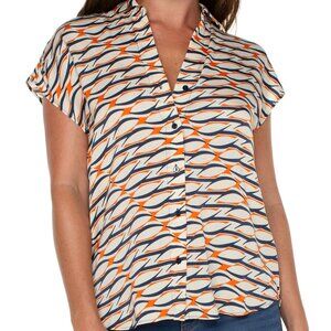 NWT Liverpool Dolman Sleeve Blouse With Collar And Button Front In Lava Geo